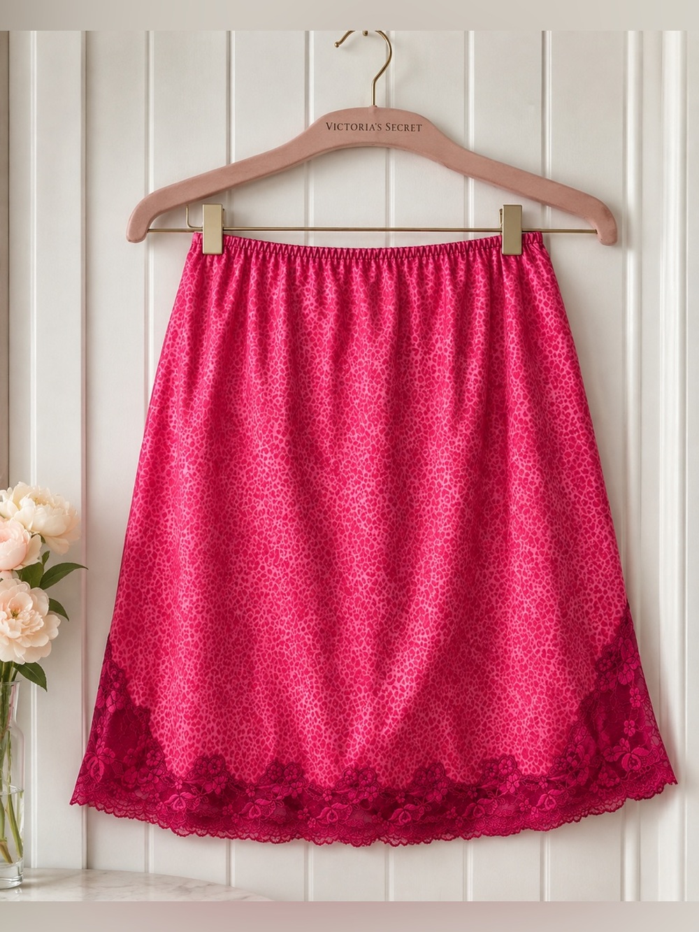 RARE! Sz L Victoria's Secret Hot Pink Lace-Trim Half Slip